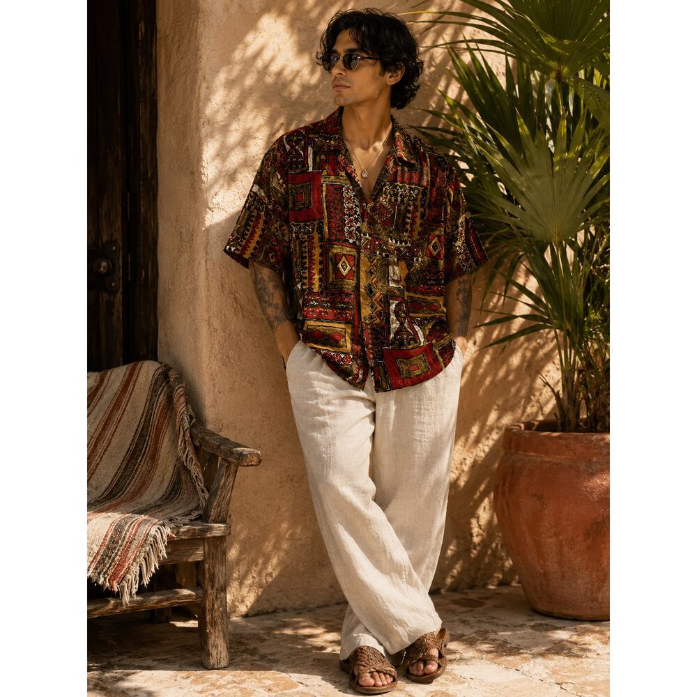 Vintage 90s Expressions Tribal Geometric Rayon Button Up Shirt 2XL